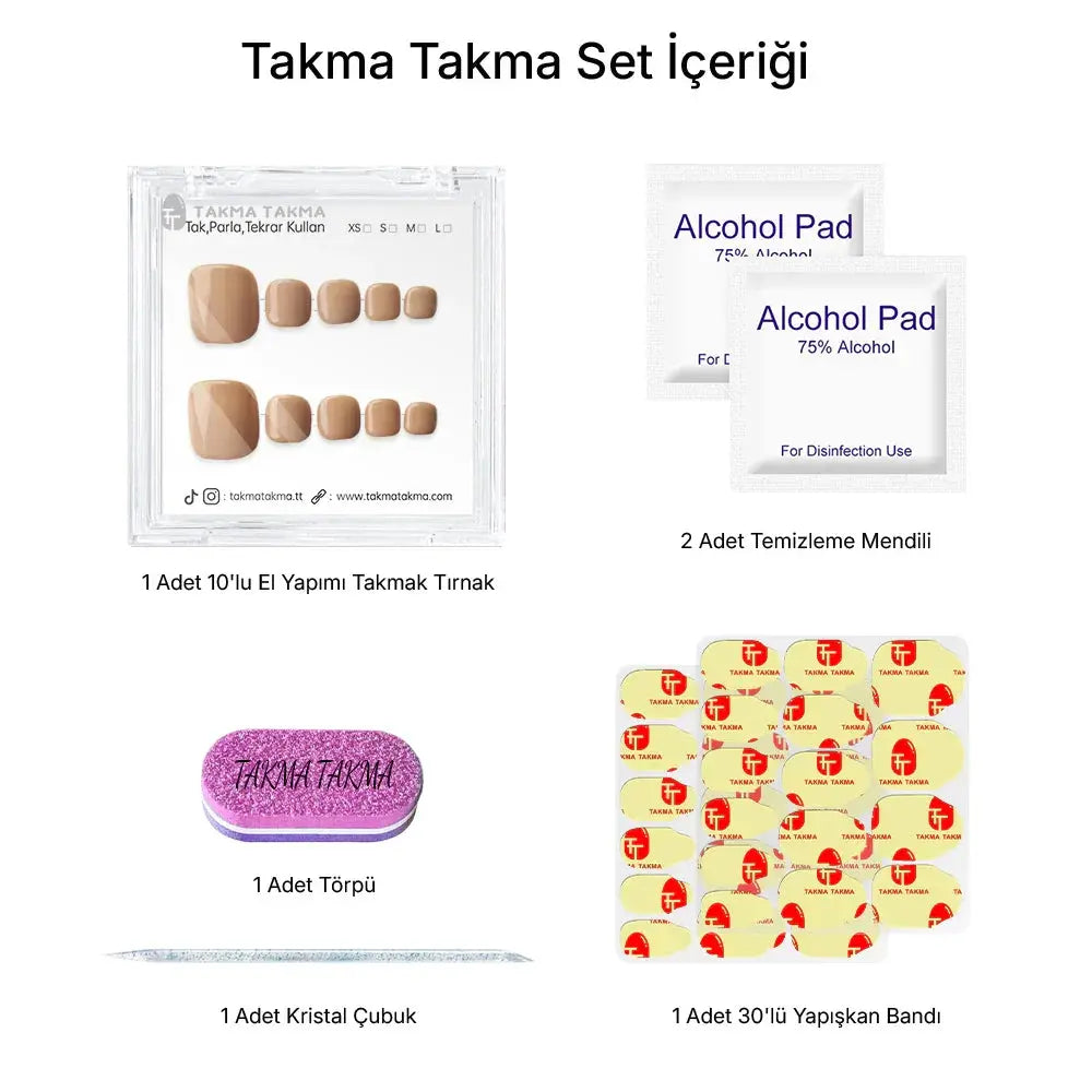 10'lu Kahverengi Ayak Tırnağı  TT1198 Tekrar Kullanılabilir El Yapımı Protez Takma Tırnak Takma Takma