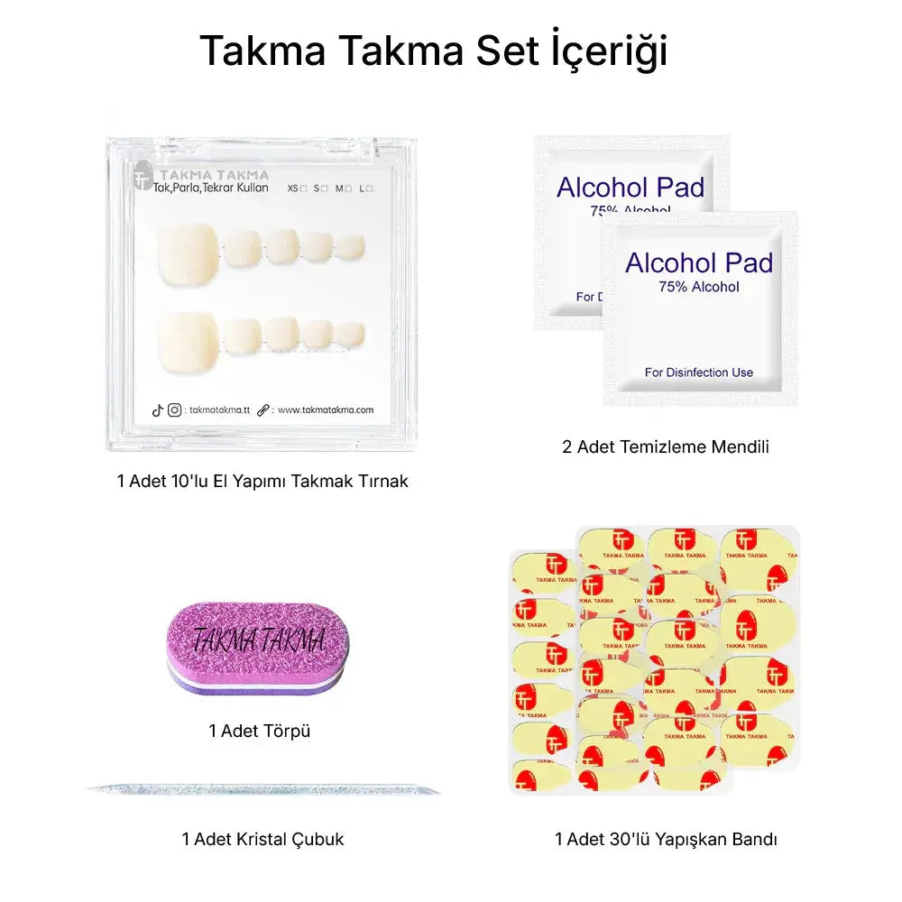 10'lu Beyaz Ayak Tırnağı TT1199 Tekrar Kullanılabilir El Yapımı Protez Takma Tırnak Takma Takma