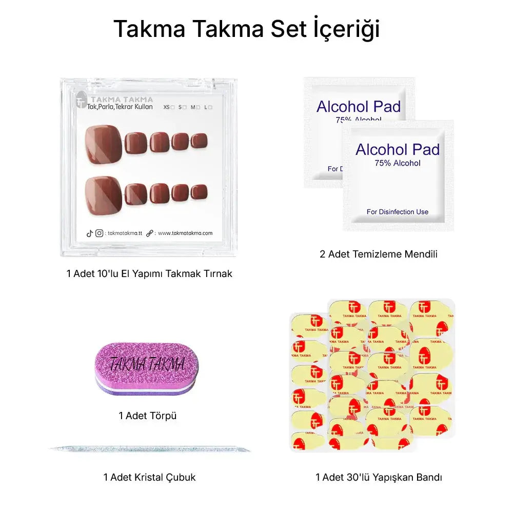 10'lu Bordo Ayak Tırnağı TT1200 Tekrar Kullanılabilir El Yapımı Protez Takma Tırnak Takma Takma