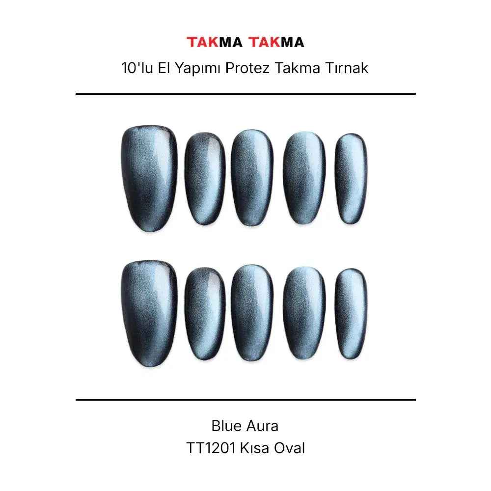 10'lu Mavi Kısa Oval TT1201 Tekrar Kullanılabilir El Yapımı Protez Takma Tırnak Takma Takma