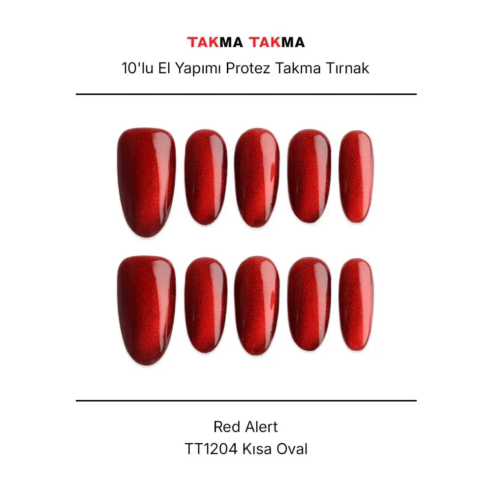 10'lu Kırmızı Kısa Oval TT1204 Tekrar Kullanılabilir El Yapımı Protez Takma Tırnak Takma Takma