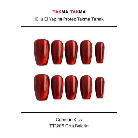 Tekrar Kullanılabilir El Yapımı Protez Takma Tırnak TT1205 Crimson Kiss 10'lu