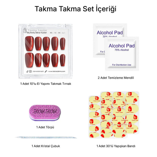 Tekrar Kullanılabilir El Yapımı Protez Takma Tırnak TT1205 Crimson Kiss 10'lu