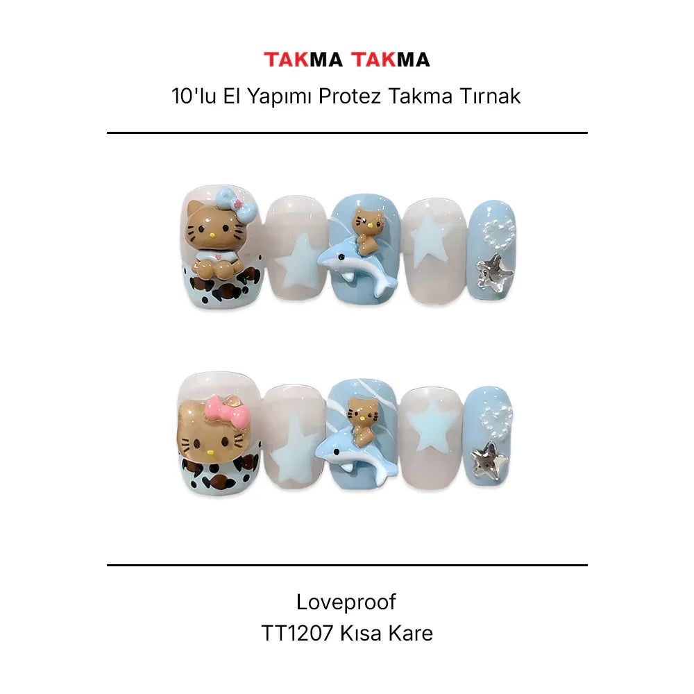 10'lu Mavi Kısa Kare TT1207 Tekrar Kullanılabilir El Yapımı Protez Takma Tırnak Takma Takma