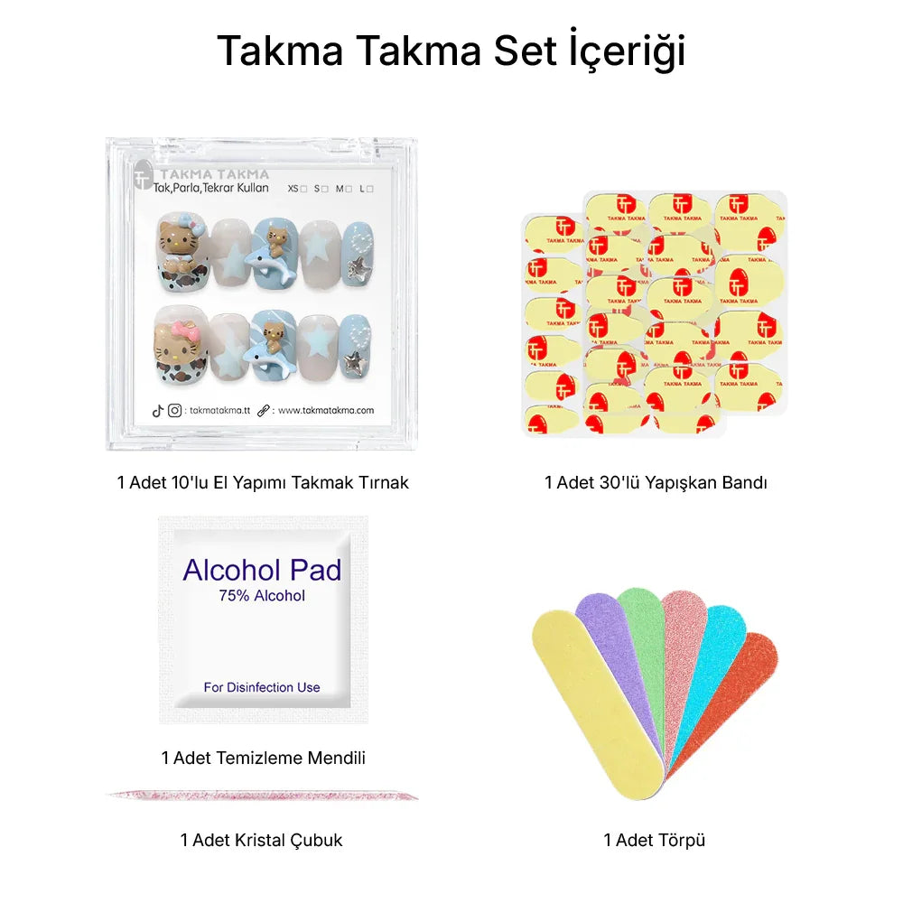 10'lu Mavi Kısa Kare TT1207 Tekrar Kullanılabilir El Yapımı Protez Takma Tırnak Takma Takma