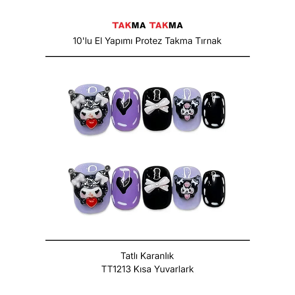 10'lu Renkli Kısa Yuvarlak  TT1213 Tekrar Kullanılabilir El Yapımı Protez Takma Tırnak