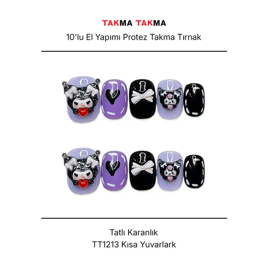 10'lu Renkli Kısa Yuvarlak  TT1213 Tekrar Kullanılabilir El Yapımı Protez Takma Tırnak