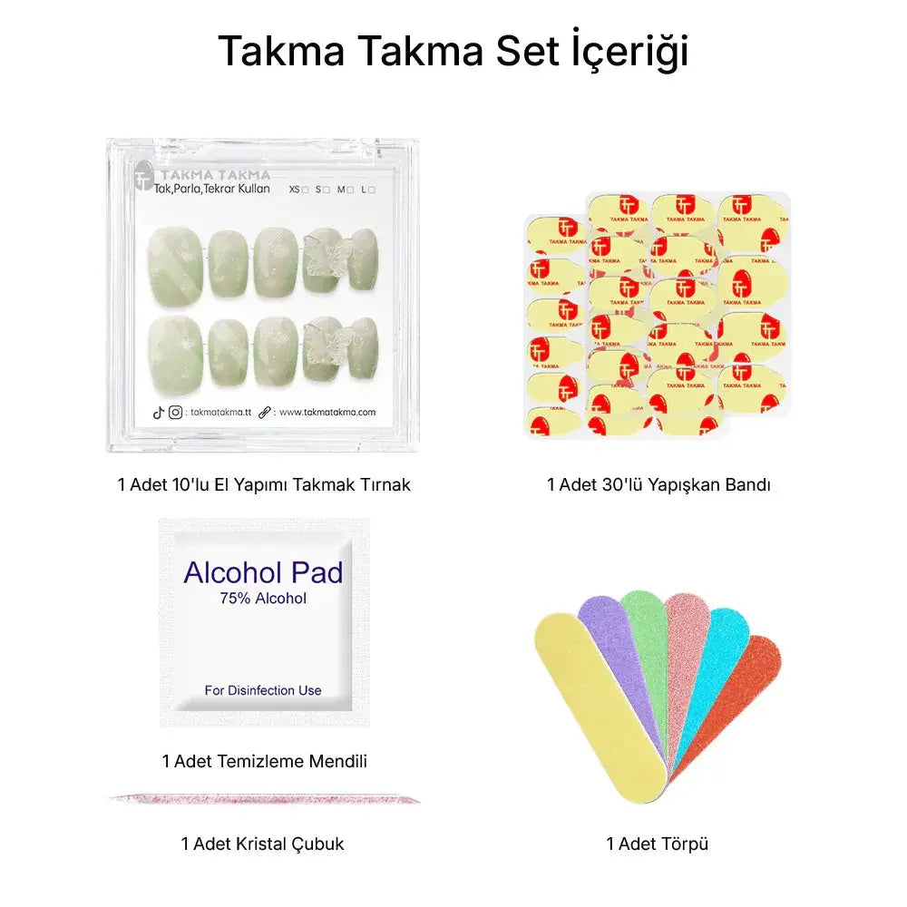 10'lu Yeşil Kısa Balerin TT1217 Tekrar Kullanılabilir El Yapımı Protez Takma Tırnak Takma Takma