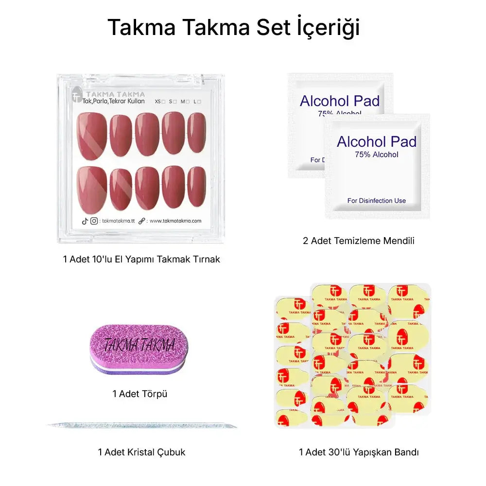 10'lu Mor Kısa Oval TT1227 Tekrar Kullanılabilir El Yapımı Protez Takma Tırnak Takma Takma