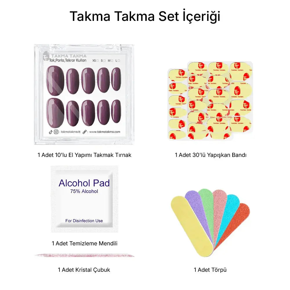 10'lu Mor Kısa Oval TT1231 Tekrar Kullanılabilir El Yapımı Protez Takma Tırnak Takma Takma