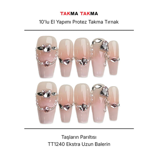 Tekrar Kullanılabilir El Yapımı Protez Takma Tırnak TT1240 - Taşların Parıltısı - 10'lu
