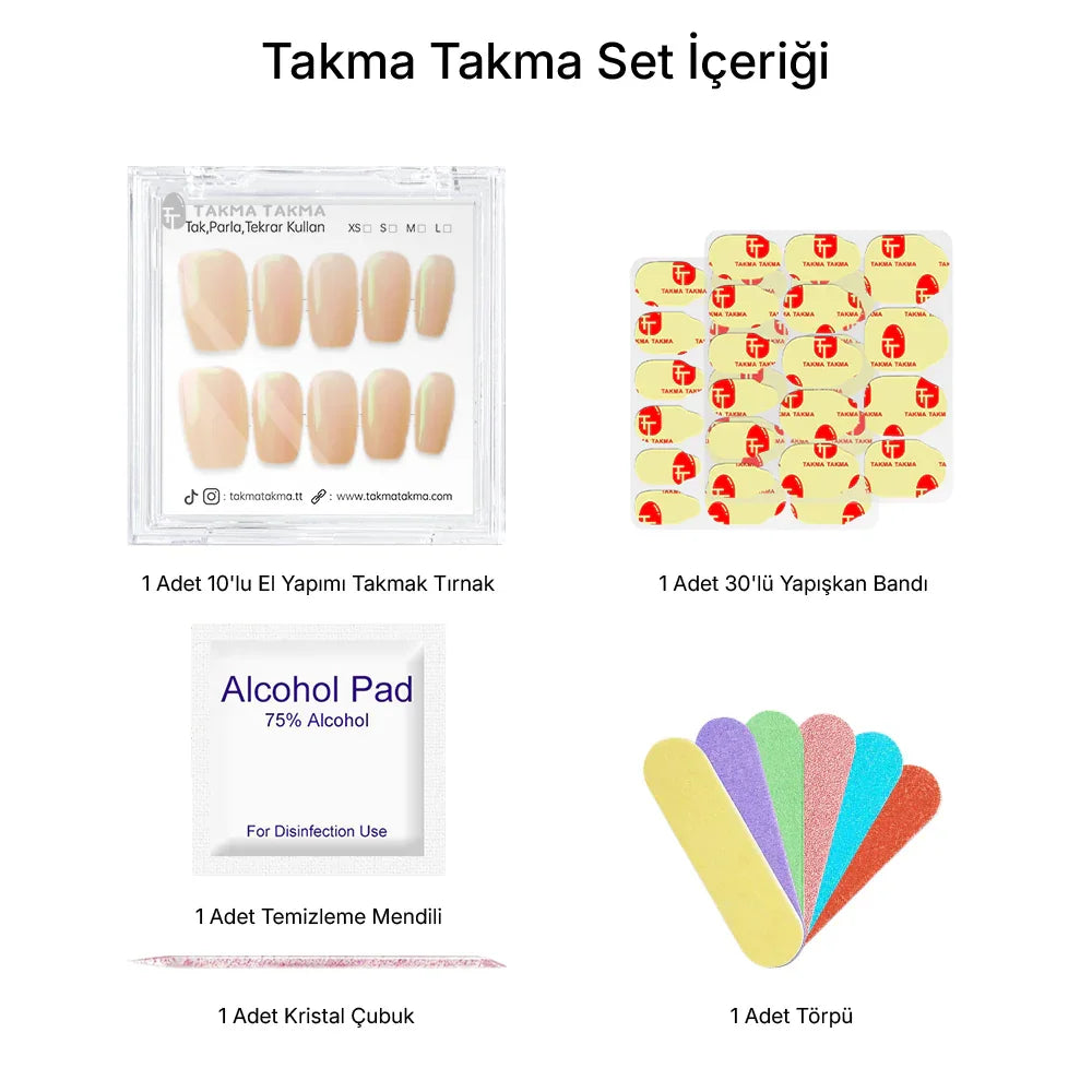 Tekrar Kullanılabilir El Yapımı Protez Takma Tırnak TT1252 - Sade Şıklık - 10'lu Takma Takma