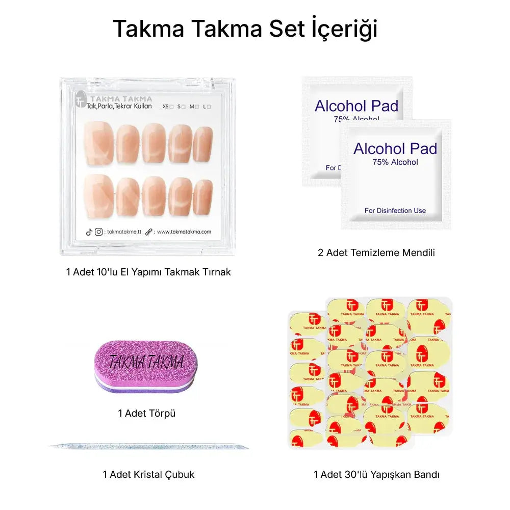 10'lu Ten Rengi  Kısa Balerin TT1257 Tekrar Kullanılabilir El Yapımı Protez Takma Tırnak Takma Takma