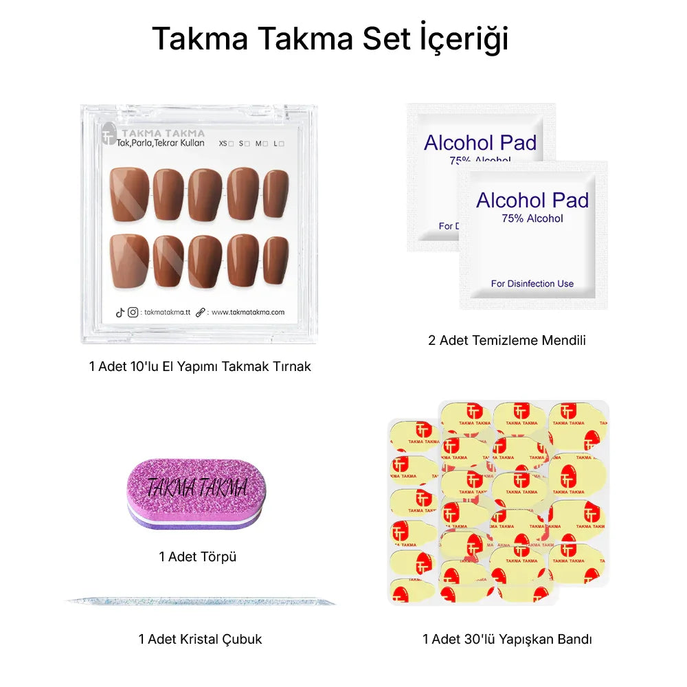 10'lu Kahverengi Kısa Oval TT1263 Tekrar Kullanılabilir El Yapımı Protez Takma Tırnak Takma Takma