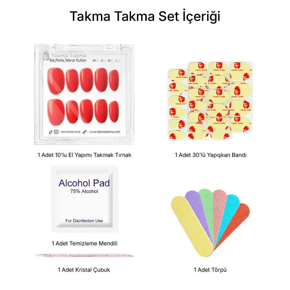 10'lu Kırmızı Kısa Oval TT1270 Tekrar Kullanılabilir El Yapımı Protez Takma Tırnak Takma Takma