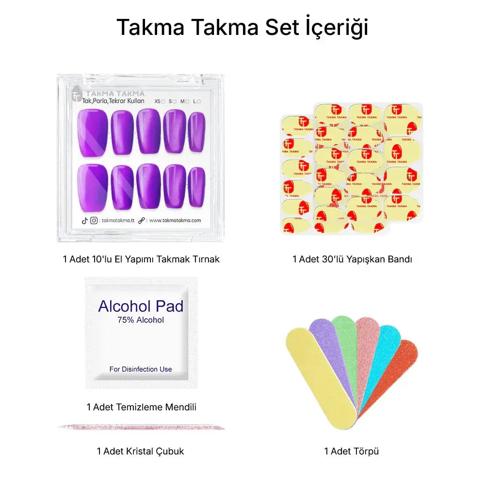 15'li Mor Orta Kare TT1296 Tekrar Kullanılabilir El Yapımı Protez Takma Tırnak Takma Takma