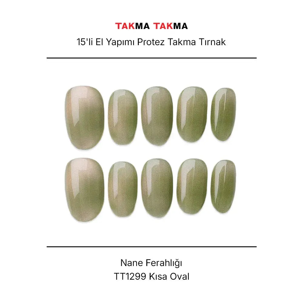 15'li Yeşil Kısa Oval TT1299 Tekrar Kullanılabilir El Yapımı Protez Takma Tırnak Takma Takma