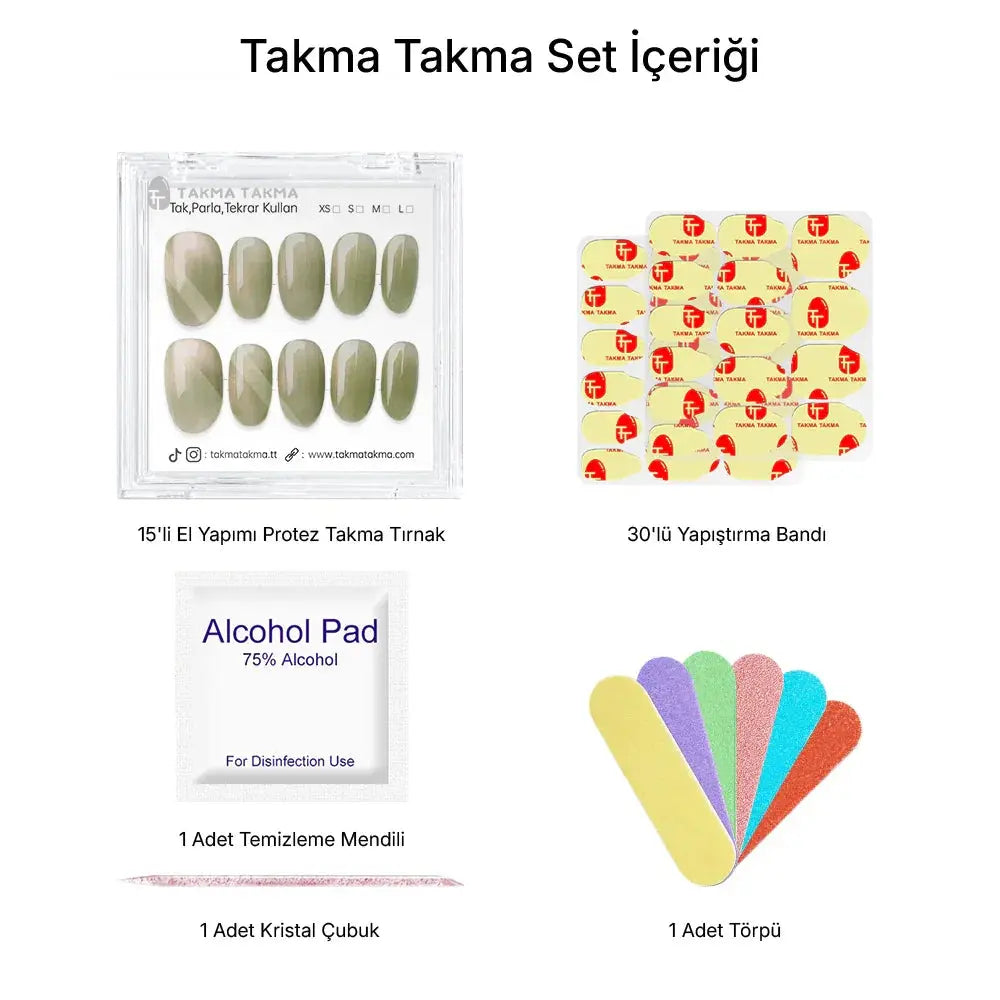 15'li Yeşil Kısa Oval TT1299 Tekrar Kullanılabilir El Yapımı Protez Takma Tırnak Takma Takma