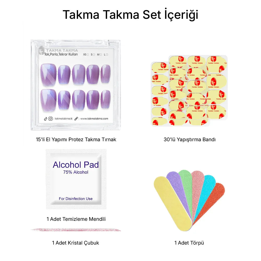 15'li Mor Kısa Kare TT1302 Tekrar Kullanılabilir El Yapımı Protez Takma Tırnak Takma Takma