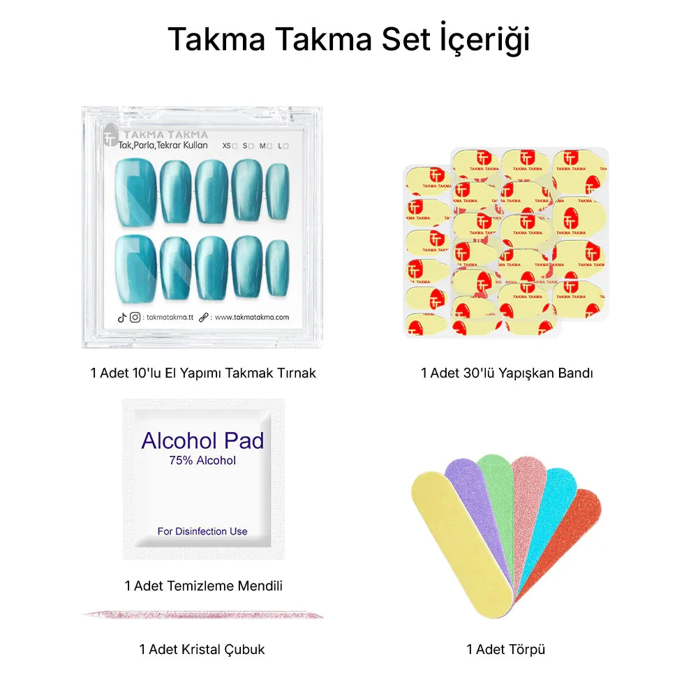 15'li Mavi Orta Kare TT1303 Tekrar Kullanılabilir El Yapımı Protez Takma Tırnak Takma Takma