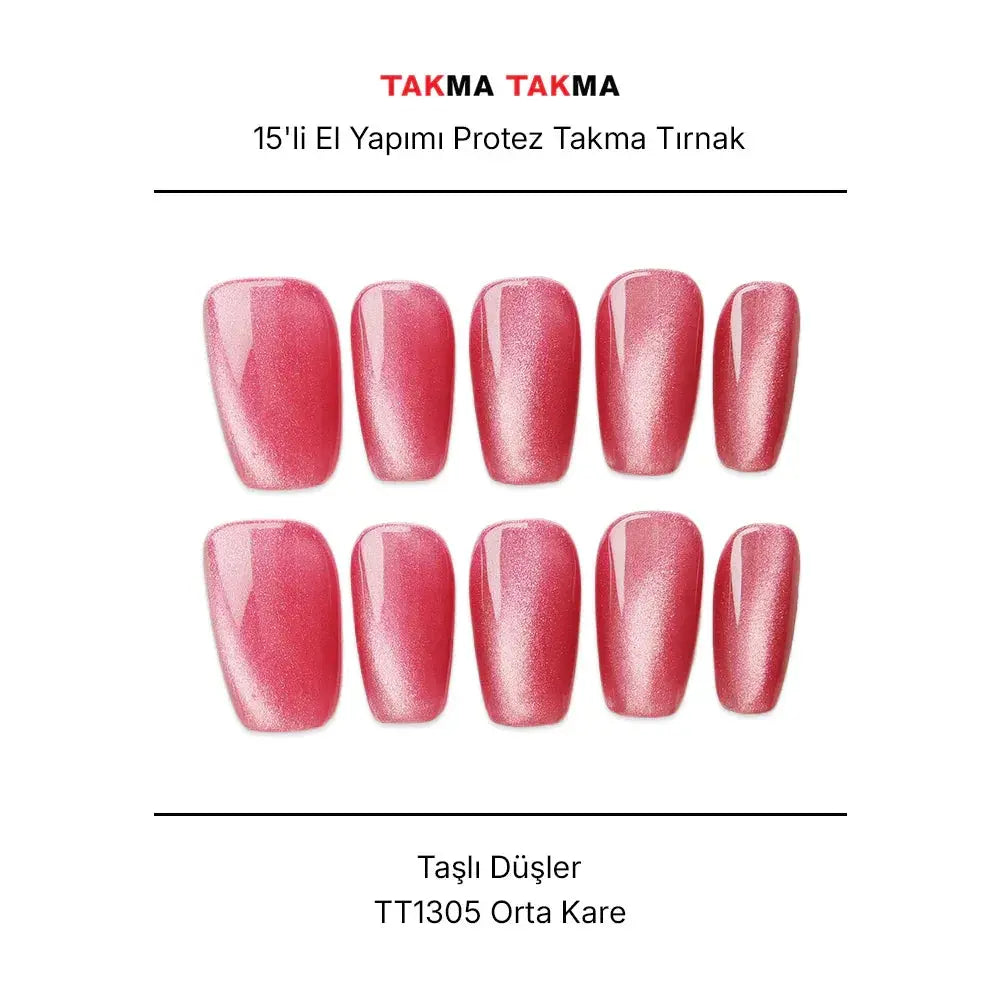 15'li Pembe Orta Kare TT1305 Tekrar Kullanılabilir El Yapımı Protez Takma Tırnak Takma Takma