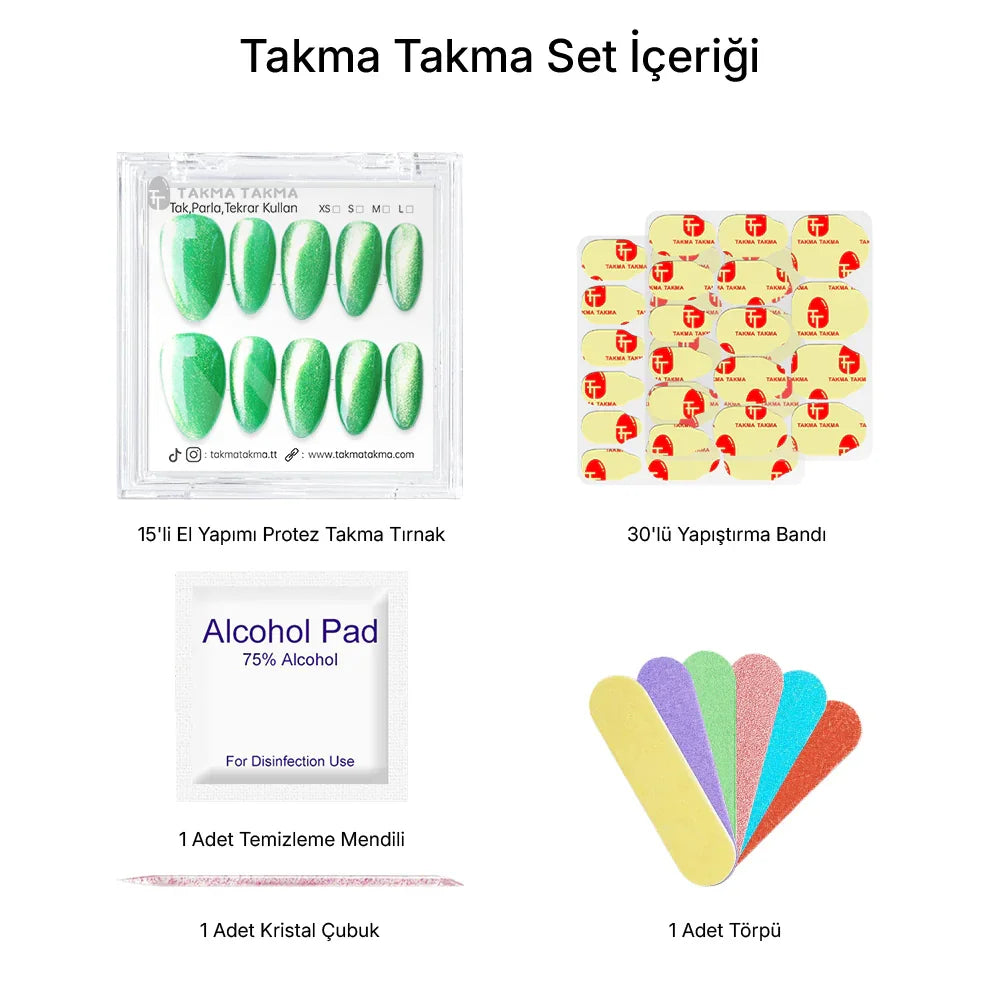 15'li Yeşil Kısa Badem TT1314 Tekrar Kullanılabilir El Yapımı Protez Takma Tırnak Takma Takma