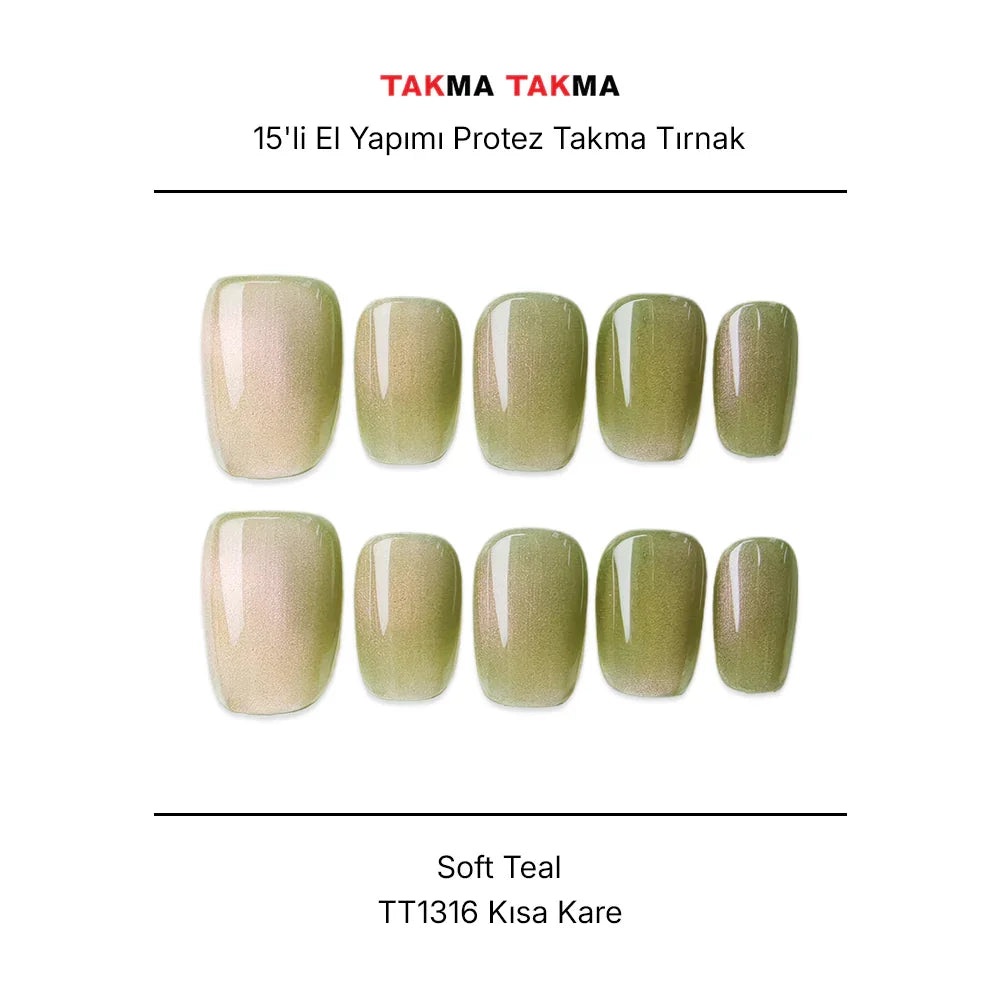 Tekrar Kullanılabilir El Yapımı Protez Takma Tırnak TT1316 - Soft Teal 15'li