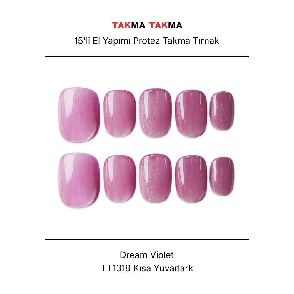 15'li Mor Kısa Yuvarlak TT1318 Tekrar Kullanılabilir El Yapımı Protez Takma Tırnak Takma Takma