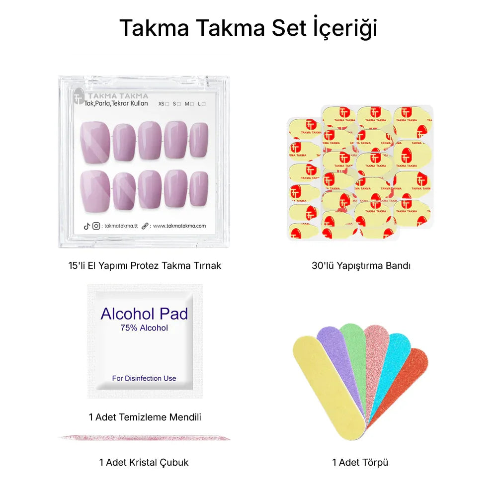 15'li Mor Orta Kare TT1320 Tekrar Kullanılabilir El Yapımı Protez Takma Tırnak Takma Takma