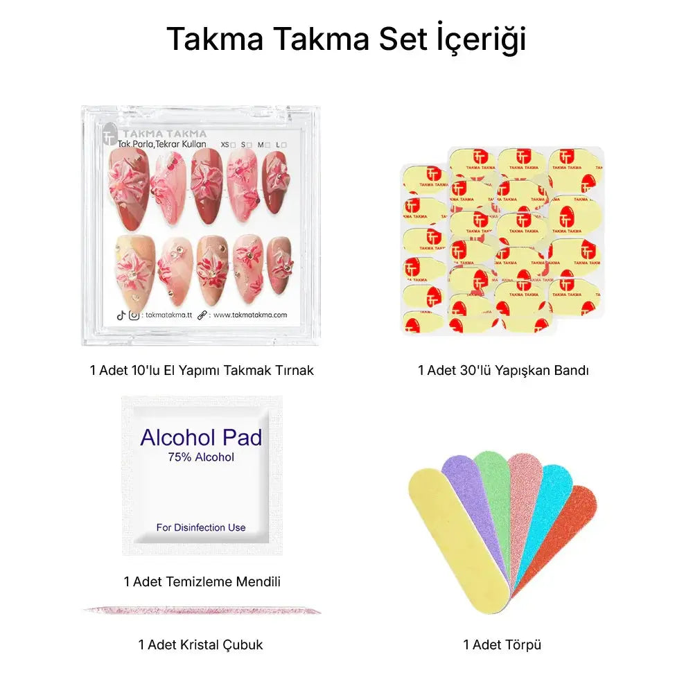 10'lu Kırmızı Uzun Badem TT1322 Tekrar Kullanılabilir El Yapımı Protez Takma Tırnak Takma Takma