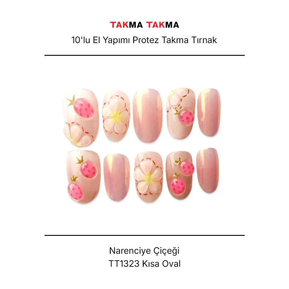 10'lu Pembe Kısa Oval TT1323 Tekrar Kullanılabilir El Yapımı Protez Takma Tırnak Takma Takma