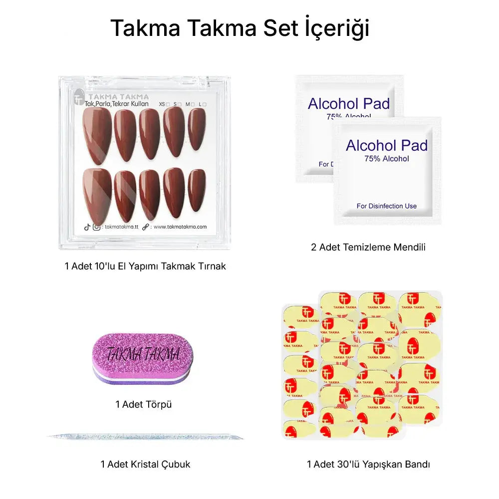 10'lu Kahverengi Uzun Badem TT1324 Tekrar Kullanılabilir El Yapımı Protez Takma Tırnak Takma Takma