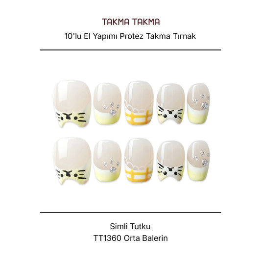 Tekrar Kullanılabilir El Yapımı Protez Takma Tırnak TT1360 - Simli Tutku - 10'lu