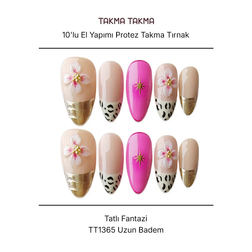10'lu Pembe Uzun Badem TT1365 Tekrar Kullanılabilir El Yapımı Protez Takma Tırnak Takma Takma