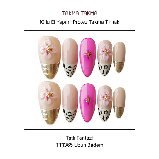 Tekrar Kullanılabilir El Yapımı Protez Takma Tırnak TT1365 Tatlı Fantezi 10'lu