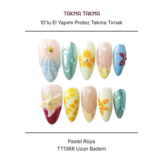 Tekrar Kullanılabilir El Yapımı Protez Takma Tırnak TT1368 Pastel Rüya 10'lu