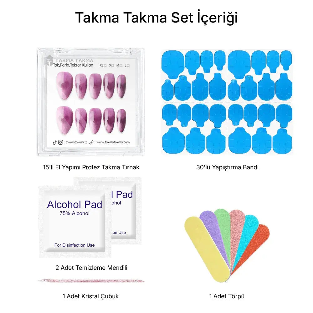 15'li Mor Kısa Badem TT1371 Tekrar Kullanılabilir El Yapımı Protez Takma Tırnak Takma Takma