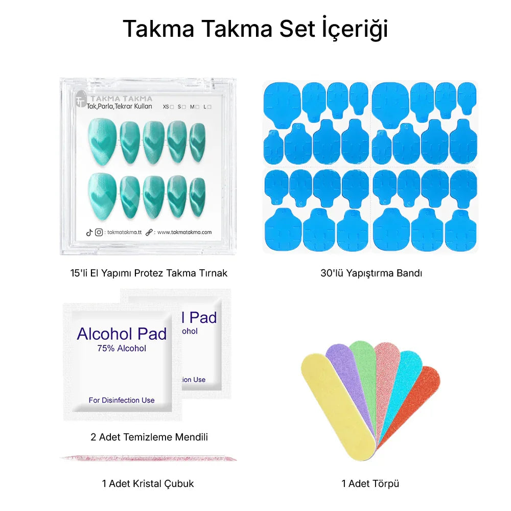 15'li Yeşil Kısa Badem TT1373 Tekrar Kullanılabilir El Yapımı Protez Takma Tırnak Takma Takma
