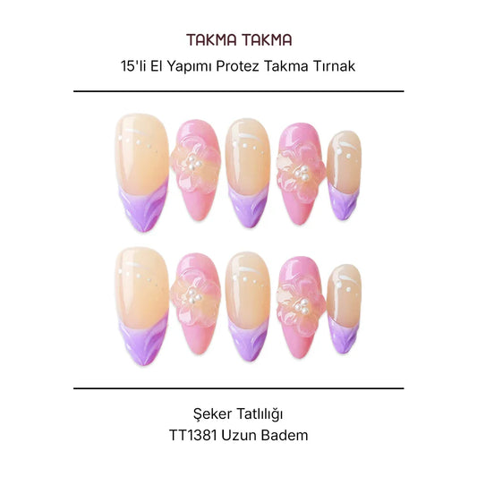 Tekrar Kullanılabilir El Yapımı Protez Takma Tırnak TT1381 - Şeker Tatlılığı 15'li