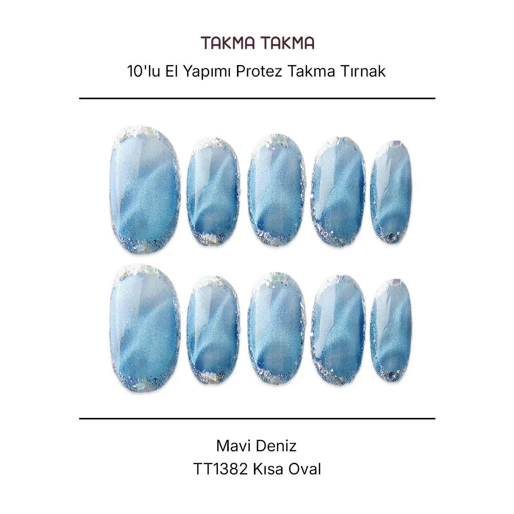 10'lu Mavi Kısa Oval TT1382 Tekrar Kullanılabilir El Yapımı Protez Takma Tırnak Takma Takma