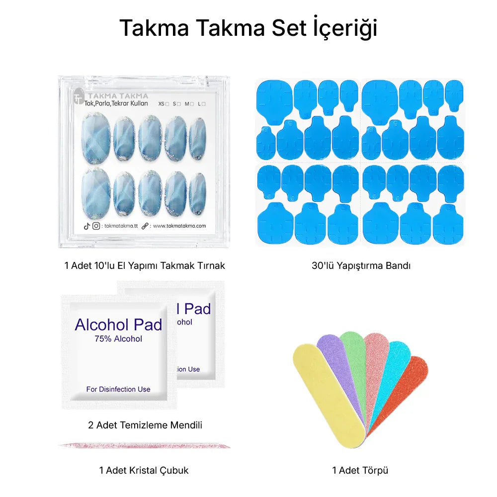 10'lu Mavi Kısa Oval TT1382 Tekrar Kullanılabilir El Yapımı Protez Takma Tırnak Takma Takma