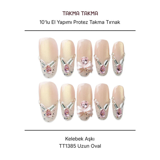 10'lu Ten Rengi Uzun Oval TT1385 Tekrar Kullanılabilir El Yapımı Protez Takma Tırnak