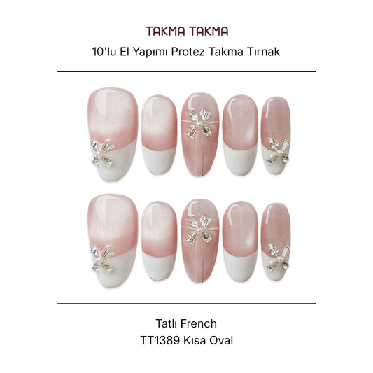 Tekrar Kullanılabilir El Yapımı Protez Takma Tırnak TT1389 - Taşlı French - 10'lu