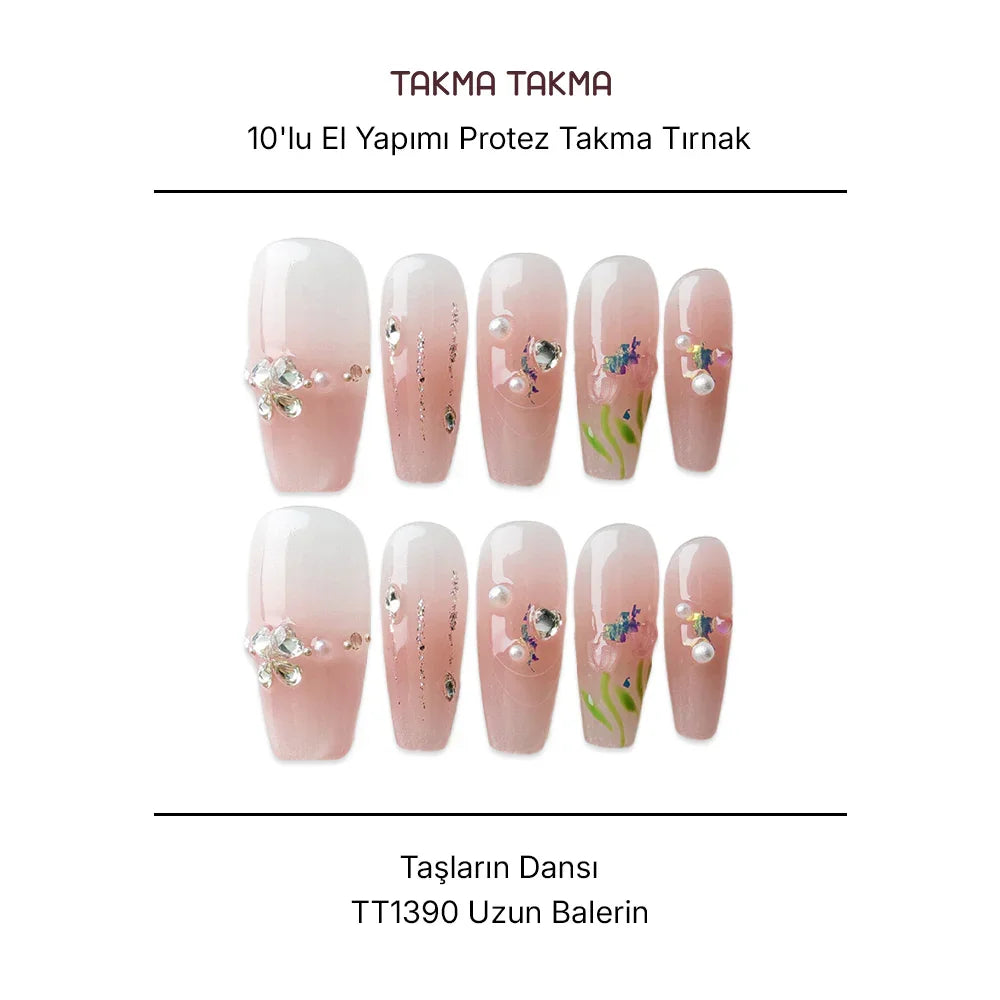 10'lu Pembe Uzun Balerin  TT1390 Tekrar Kullanılabilir El Yapımı Protez Takma Tırnak