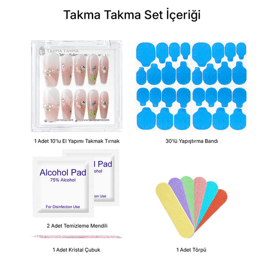 Tekrar Kullanılabilir El Yapımı Protez Takma Tırnak TT1390 - Taşların Dansı 10'lu