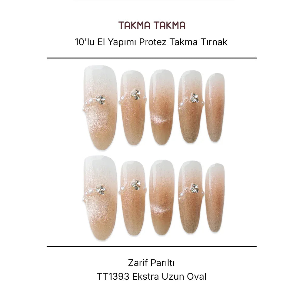 10'lu Ten Rengi Extra Uzun Oval  TT1393 Tekrar Kullanılabilir El Yapımı Protez Takma Tırnak Takma Takma