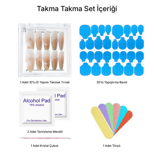 Tekrar Kullanılabilir El Yapımı Protez Takma Tırnak TT1393 Zarif PArıltı - 10'lu