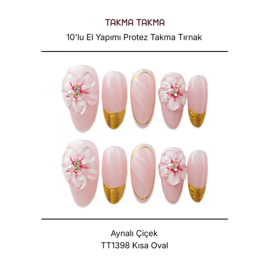Tekrar Kullanılabilir El Yapımı Protez Takma Tırnak TT1398  Aynalı Çiçek 10'lu