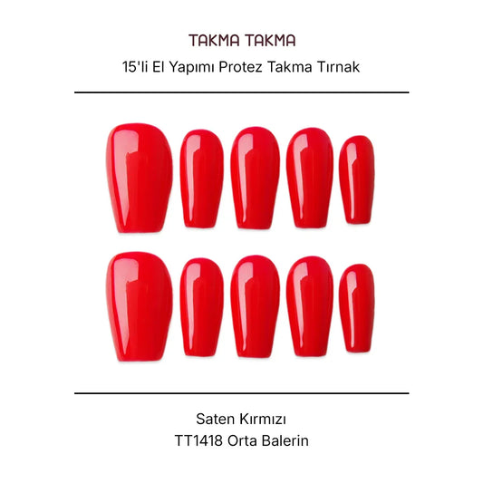 Tekrar Kullanılabilir El Yapımı Protez Takma Tırnak TT1418 - Saten Kırmızı 15'li