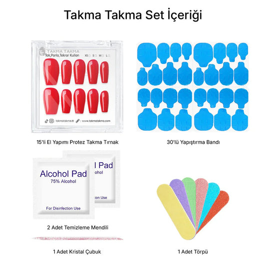 Tekrar Kullanılabilir El Yapımı Protez Takma Tırnak TT1418 - Saten Kırmızı 15'li